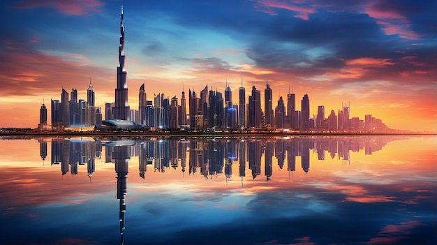 fantástica vista panorâmica do pôr do sol do horizonte de Dubai com céu dramático e belo reflexo