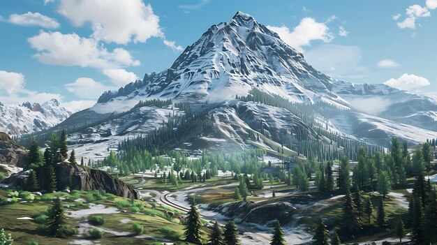 Fantástica vista panorámica de las montañas nevadas renderización en 3D