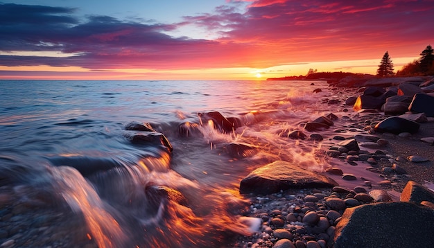 Fantástica vista de primer plano de las tranquilas olas de agua de mar con luz solar naranja al atardecer Isla tropical