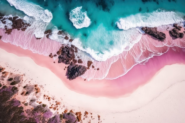 Fantástica vista superior de uma praia rosa tirada de um drone com luz solar calmante e ondas batendo na costa Calma e uma vista rejuvenescedora da praia