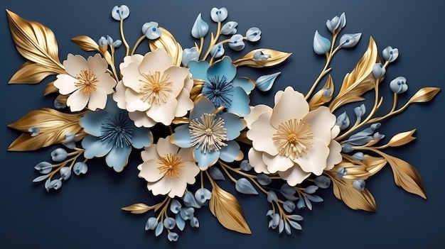 Fantásticas y delicadas flores y hojas azules y blancas con oro sobre fondo azul