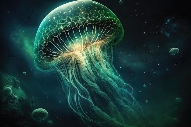 Fantásticas medusas en el espacio con el telón de fondo de mares de planetas verde oscuro creados con ai generativa