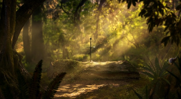 Fantástico ambiente de fantasia de uma floresta com uma espada presa em um tronco de árvore no estilo excalibur