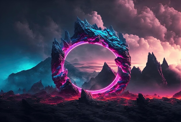 Fantástico cenário montanhoso com um portal de néon redondo contra um céu nublado e trovejante Mundo alienígena distópico surrealista renderização em 3D gerada por IA