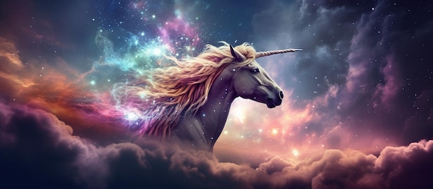 Fantástico cielo estrellado nubes esponjosas y un unicornio mágico AI generativa