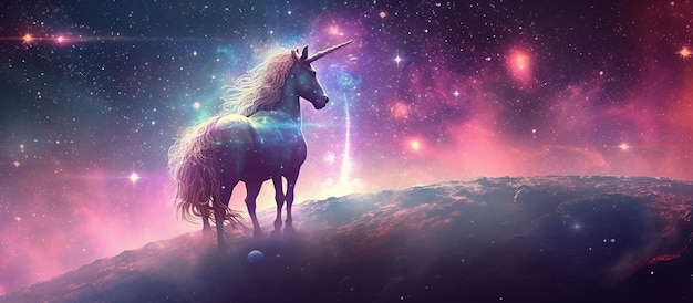 Fantástico cielo estrellado nubes esponjosas y un unicornio mágico AI generativa