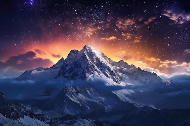 Fantástico cielo estrellado Paisaje otoñal con nieve y montañas Hermosa ilustración