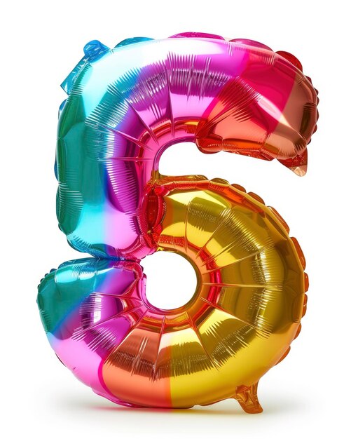 Foto fantástico colorido brilhante e vibrante balão de papel de aniversário em forma no número 5 isolado em branco