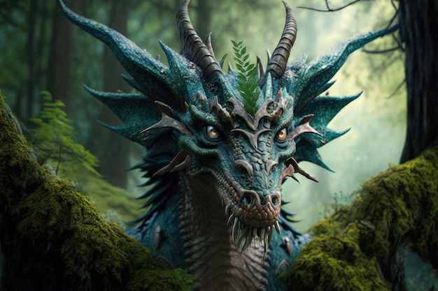 Fantástico dragón del bosque con garras y cuernos en alto creado con IA generativa