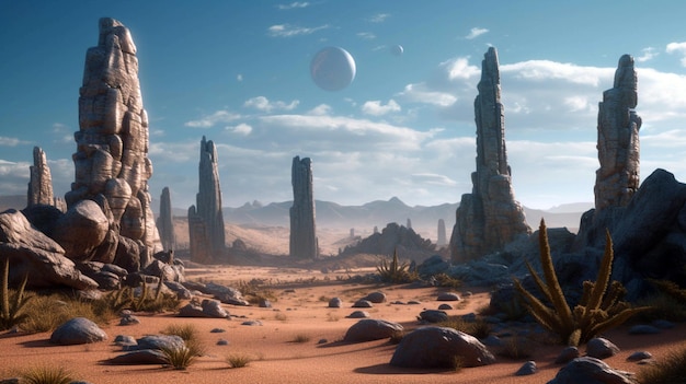 Fantástico e exótico ambiente Allen Planet39s com pilares de pedra AI Generative