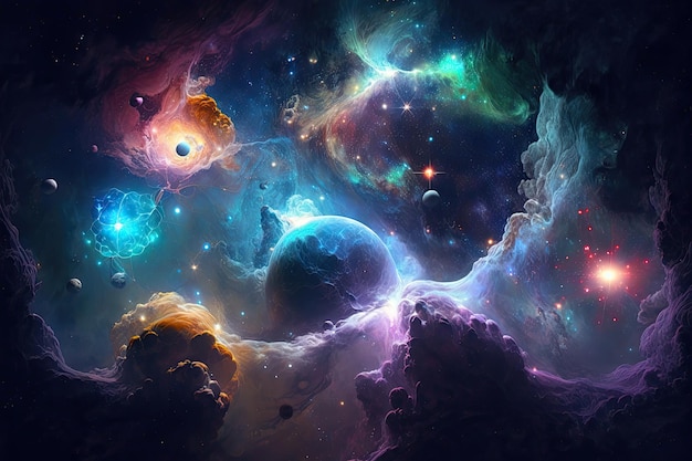 Fantástico espaço exterior multicolorido com estrelas, constelações, galáxias, planetas e nebulosas