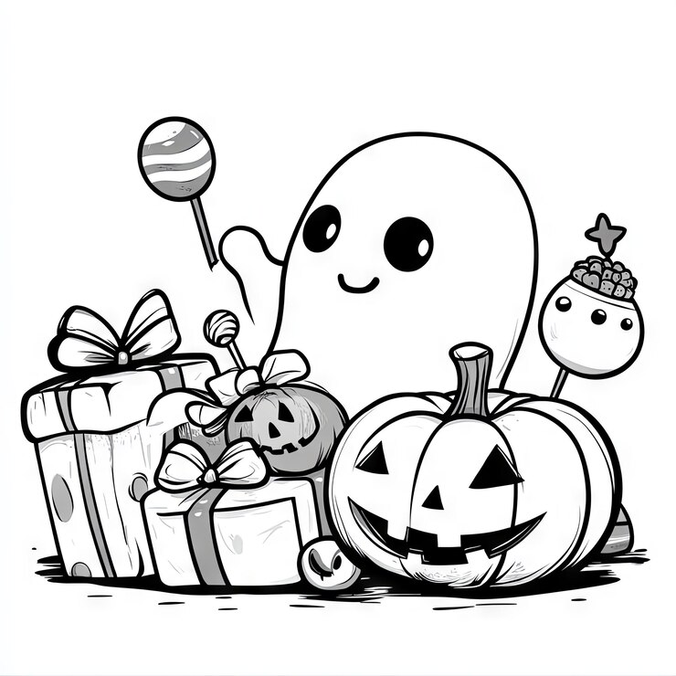 Foto fantástico fantasma de halloween com abóboras e presentes