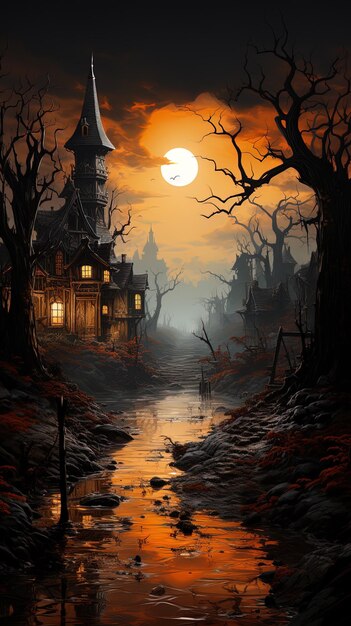 Fantástico fundo de paisagem noturna assustadora para arte generativa de Halloween Ai