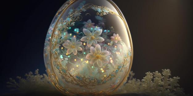Fantástico huevo de ópalo transparente brillante con flores mágicas internas
