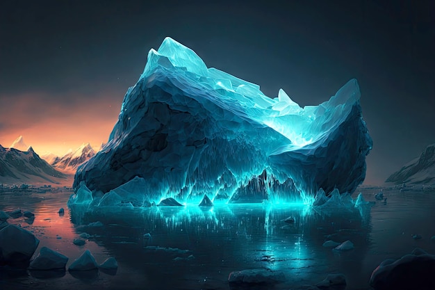 Fantástico iceberg flotante que brilla intensamente fromnetri con témpanos de hielo afilados y picos como gemas