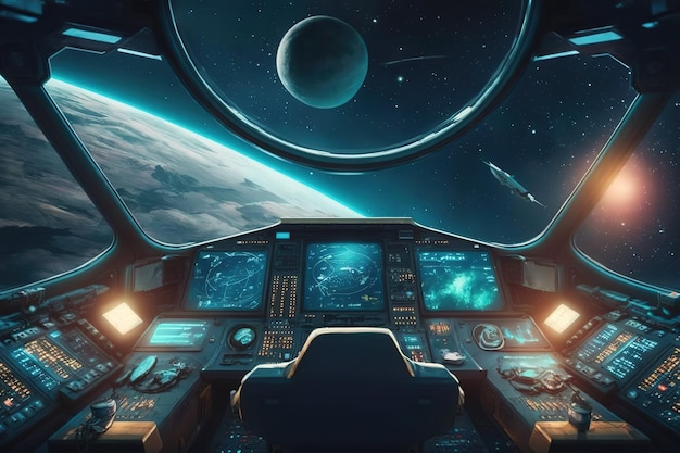 Fantástico interior de la cabina de la nave espacial con paneles de control y ventanas con vistas a las estrellas de los planetasIA generativa
