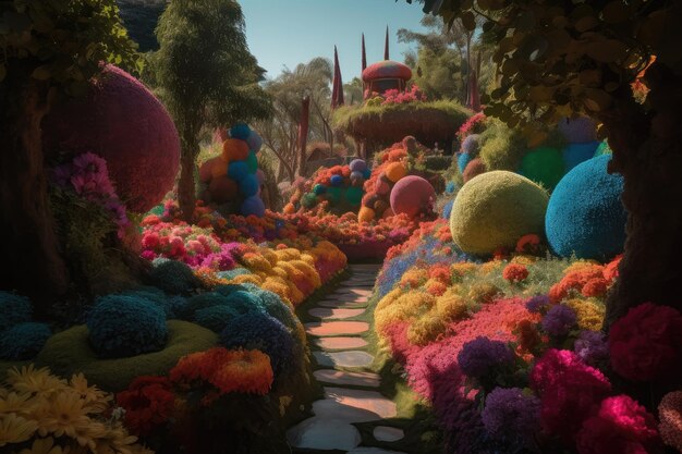 Fantástico jardín lleno de flores florecientes de todos los colores, formas y tamaños.