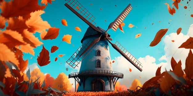 Fantástico moinho de vento tradicional no outono AI ilustração gerada