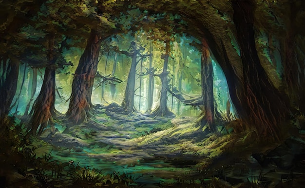 Fantástico paisaje de bosque mágico épico. Verano hermosa naturaleza mística. Activos de juego. céltico