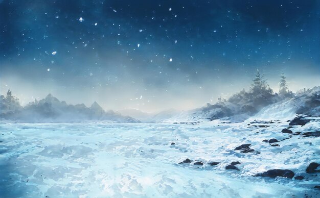 Fantástico paisaje épico de invierno de las montañas Bosque medieval celta. Glaciar de la naturaleza congelada