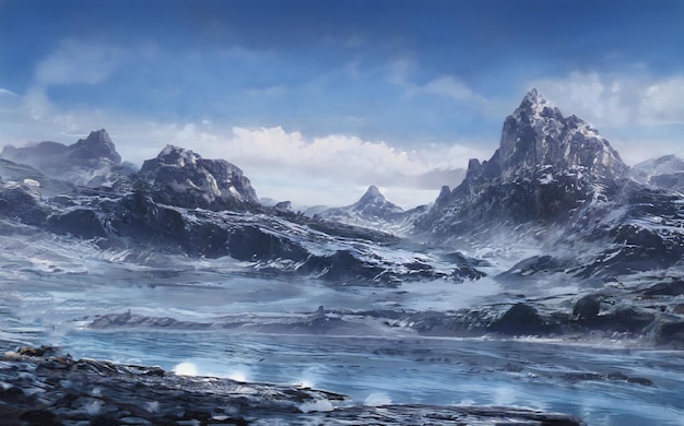 Fantástico paisaje épico de invierno de las montañas. Bosque medieval celta. Naturaleza congelada. glaciar