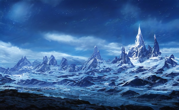 Fantástico paisaje épico de invierno de montañas Naturaleza congelada Fondo de juego de rol de Mystic Valley