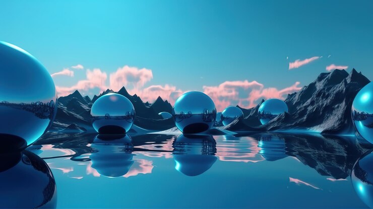 Fantástico paisaje con formas geométricas cromadas brillantes de aguas tranquilas Generative Ai