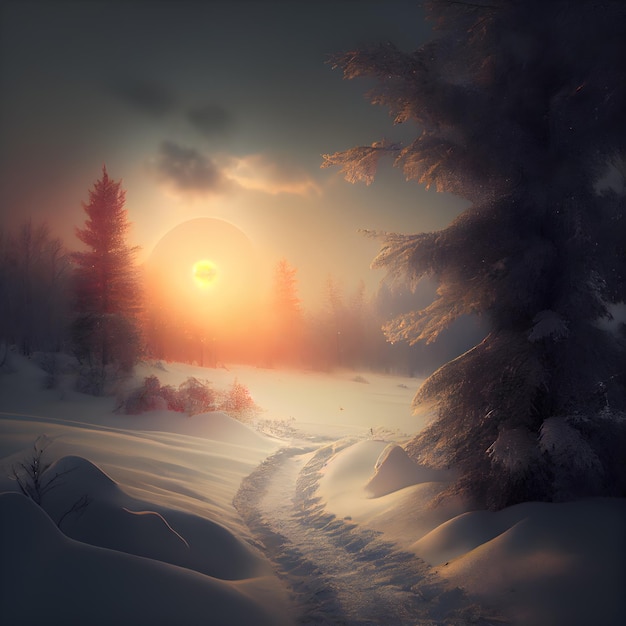 Fantástico paisaje invernal Amanecer en un bosque nevado Representación 3d