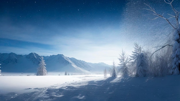 Fantástico paisaje invernal con árboles cubiertos de nieve y montañas por la noche