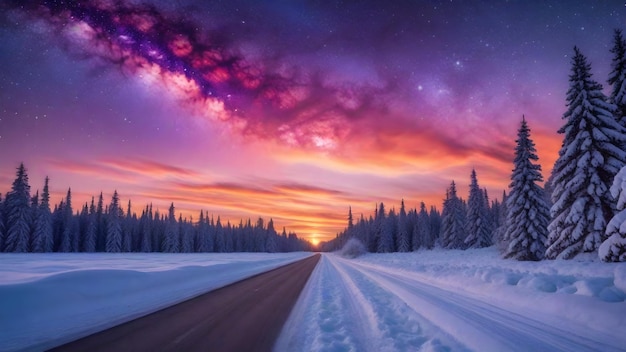 Fantástico paisaje de invierno con árboles cubiertos de nieve y carretera al atardecer