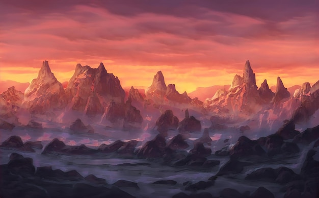 Fantástico paisaje mágico épico de montañas. Naturaleza de verano. Mystic Valley, tundra, bosque, colinas