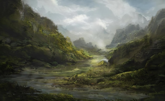 Fantástico paisaje mágico épico de montañas verano naturaleza bosque místico juegos rpg fondo