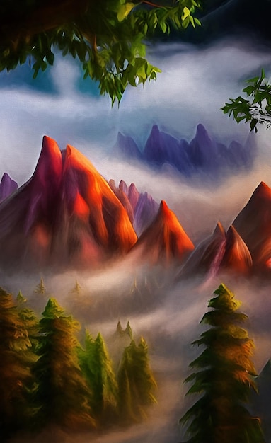 Fantástico paisaje de montaña bosque y niebla Ilustración
