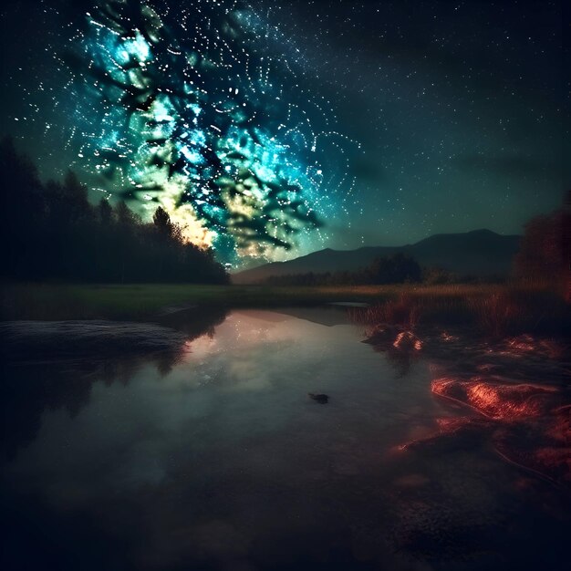 Foto fantástico paisaje nocturno con cielo estrellado sobre el lago