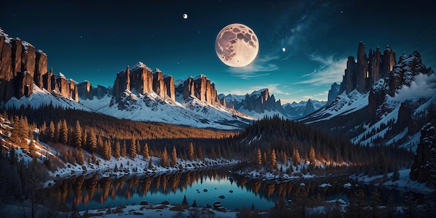 Fantástico paisaje nocturno montañas cerca del agua