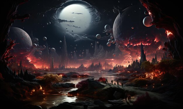 Fantástico paisaje nocturno de un planeta desconocido enfoque suave selectivo