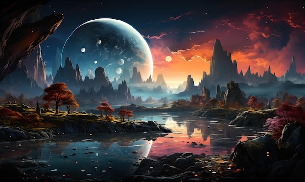 Fantástico paisaje nocturno de un planeta desconocido enfoque suave selectivo