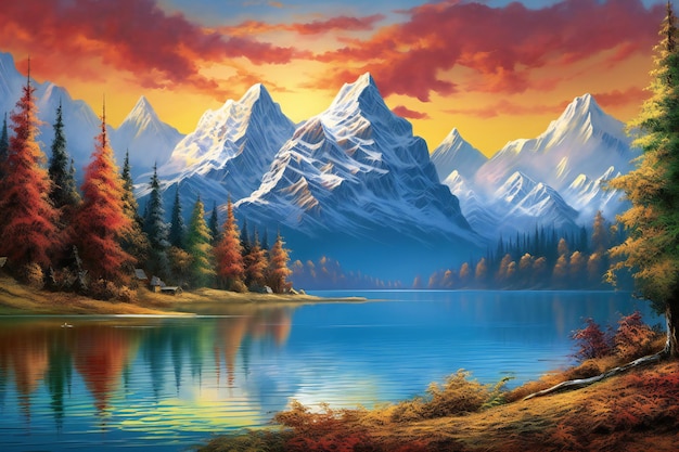 Foto fantástico paisaje de otoño colorido con lago de montaña pintura digital