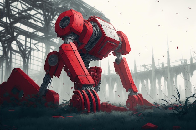 Fantástico paisaje del robot rojo de pie solo en el cementerio de maquinaria ilustración de estilo de arte digital pintura concepto de fantasía de un robot rojo