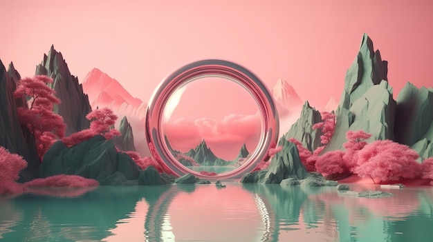 Fantástico paisaje con rocas de agua espejo redondo arco cromado anillo de neón Generative Ai