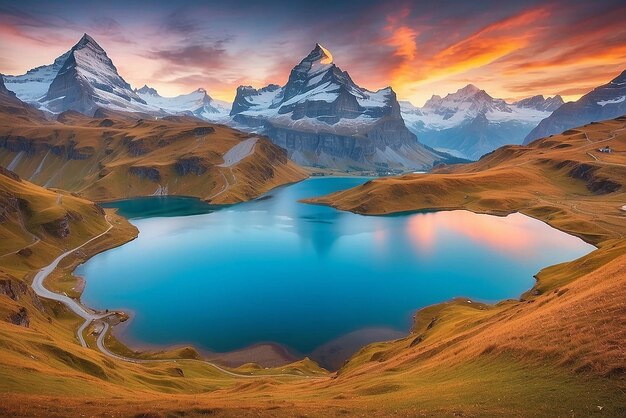 Fantástico panorama nocturno del lago Bachalp Bachalpsee Suiza Pintoresca puesta de sol de otoño en los Alpes suizos Grindelwald Bernese Oberland Europa Belleza de la naturaleza concepto de fondo