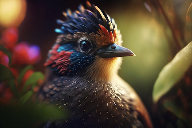 Fantástico pássaro colorido sentado no galho na floresta tropical