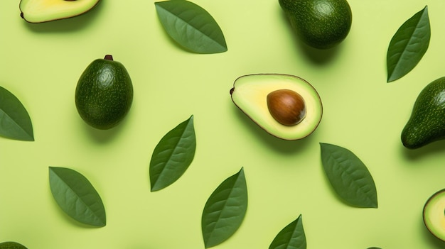 Fantástico patrón de aguacate fresco en un fondo plano verde