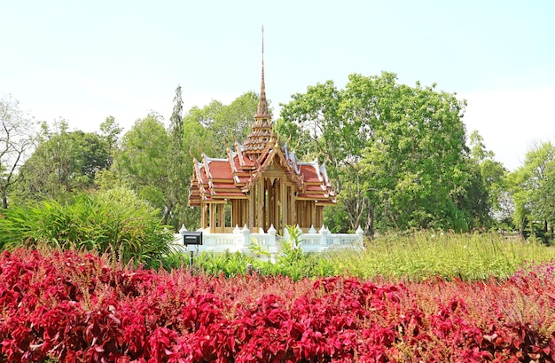 Fantástico pavilhão de estilo antigo tailandês com arbustos de Red Coleus em primeiro plano
