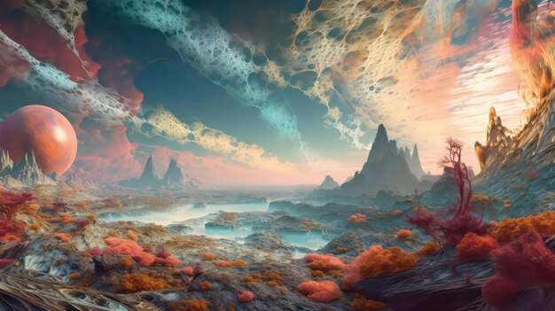 Fantástico planeta con nubes arremolinadas y paisajes coloridos IA generativa