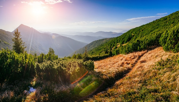 Fantástico pôr do sol nas montanhas da Ucrânia.