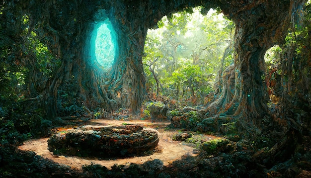 Un fantástico portal mágico en el bosque Colorido bosque pintoresco y brillante El portal redondo se teletransporta a otros mundos Fantástico paisaje 3d ilustración