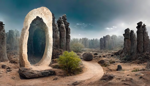 Un fantástico portal mágico en el bosque Colorido bosque pintoresco y brillante El portal redondo se teletransporta a otros mundos Fantástico paisaje 3d ilustración