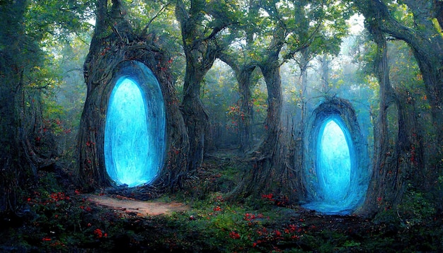 Un fantástico portal mágico en el bosque Colorido bosque pintoresco y brillante El portal redondo se teletransporta a otros mundos Fantástico paisaje 3d ilustración