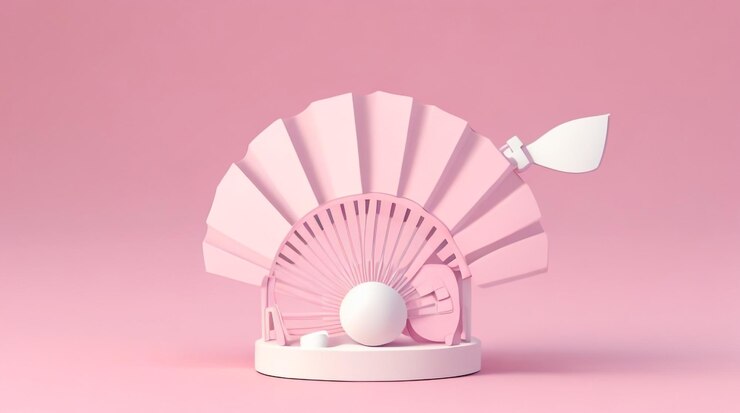 Foto fantástico y refrescante renderizado en forma de pequeño ventilador estilo dibujos animados en 3d en un ambiente acogedor